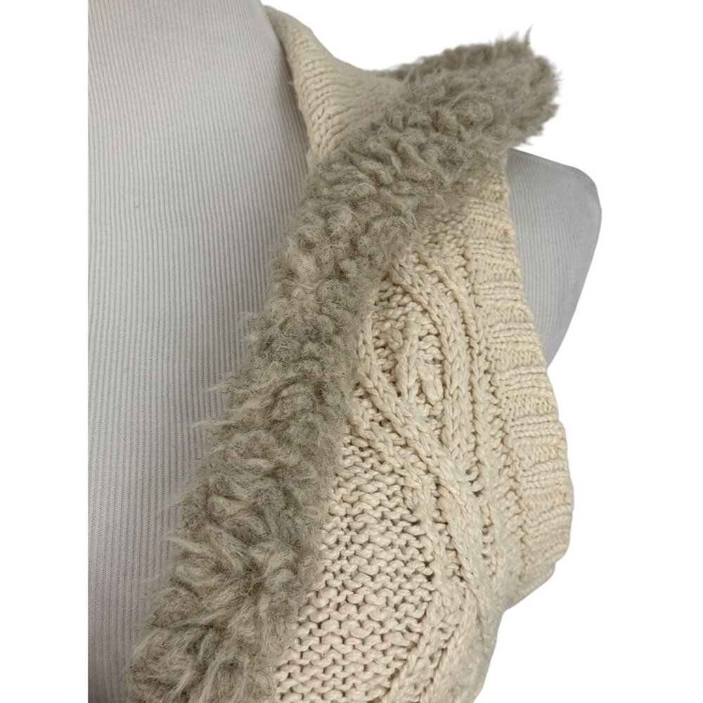 Vtg Y2K Old Navy Cream Cable Knit Faux Shearling Trim Hooded Boho Sweater Vest L - Picture 5 of 16